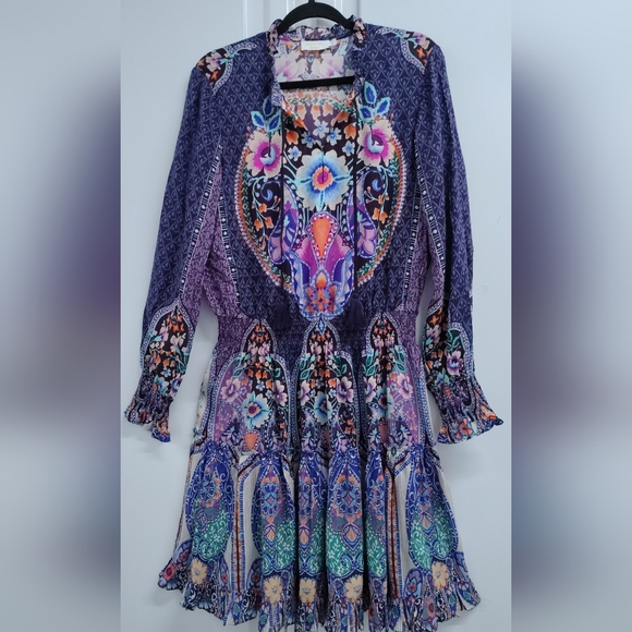 *NEW* JOHNNY WAS JEWEL TONE KALEIDOSCOPE BOHO TIERED SMOCKED FLORAL DRESS Size M - Picture 1 of 11